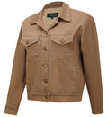 The Ritemate Womens Pilbara Lauren Sherpa Lined Jacket (RMPC165) in Whiskey is a classic fit denim jacket with a collar, button front, two chest flap pockets, and two side pockets, shown on a white background.