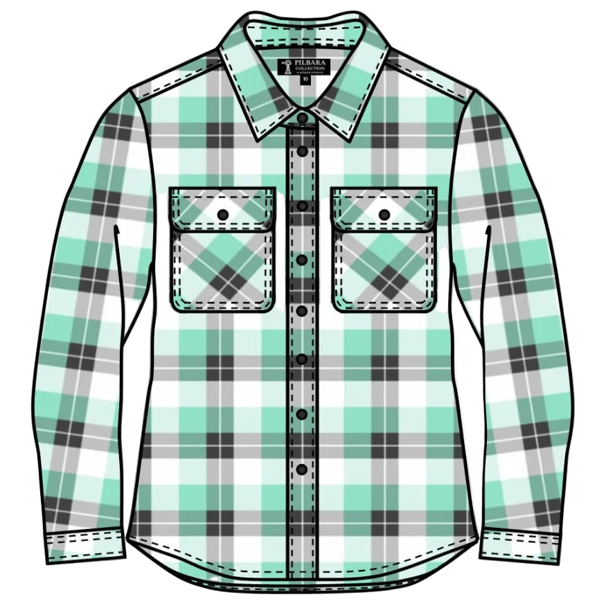 Ritemate Womens Pilbara Open Front L/S Flannelette Shirt (RM123W) Beach Glass/Grey/White