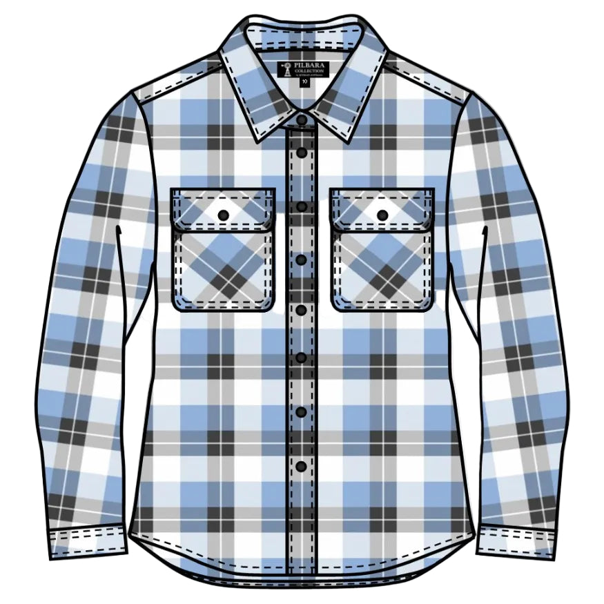 Ritemate Womens Pilbara Open Front L/S Flannelette Shirt (RM123W) Cerulean/Grey/White