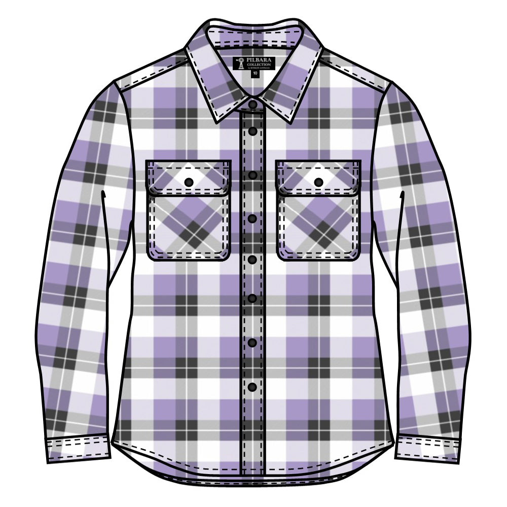 Ritemate Womens Pilbara Open Front L/S Flannelette Shirt (RM123W) Purple Rose/Grey/White