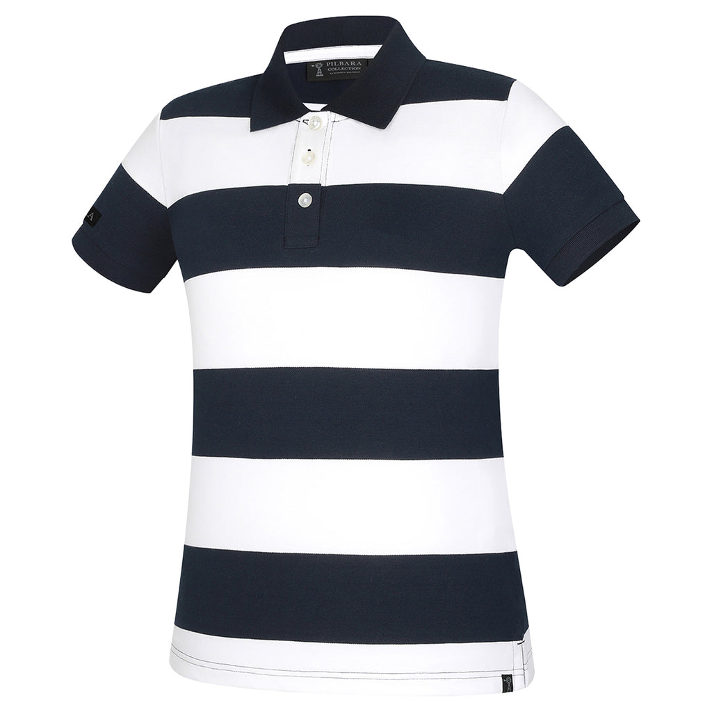 A ghost image of a French navy and white  striped Ritemate Women's Pilbara Sophia Classic Cotton Polo (RMPC122) on a white studio background.