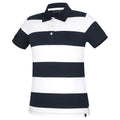 A ghost image of a French navy and white  striped Ritemate Women's Pilbara Sophia Classic Cotton Polo (RMPC122) on a white studio background.