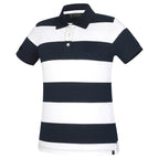 A ghost image of a French navy and white  striped Ritemate Women's Pilbara Sophia Classic Cotton Polo (RMPC122) on a white studio background.