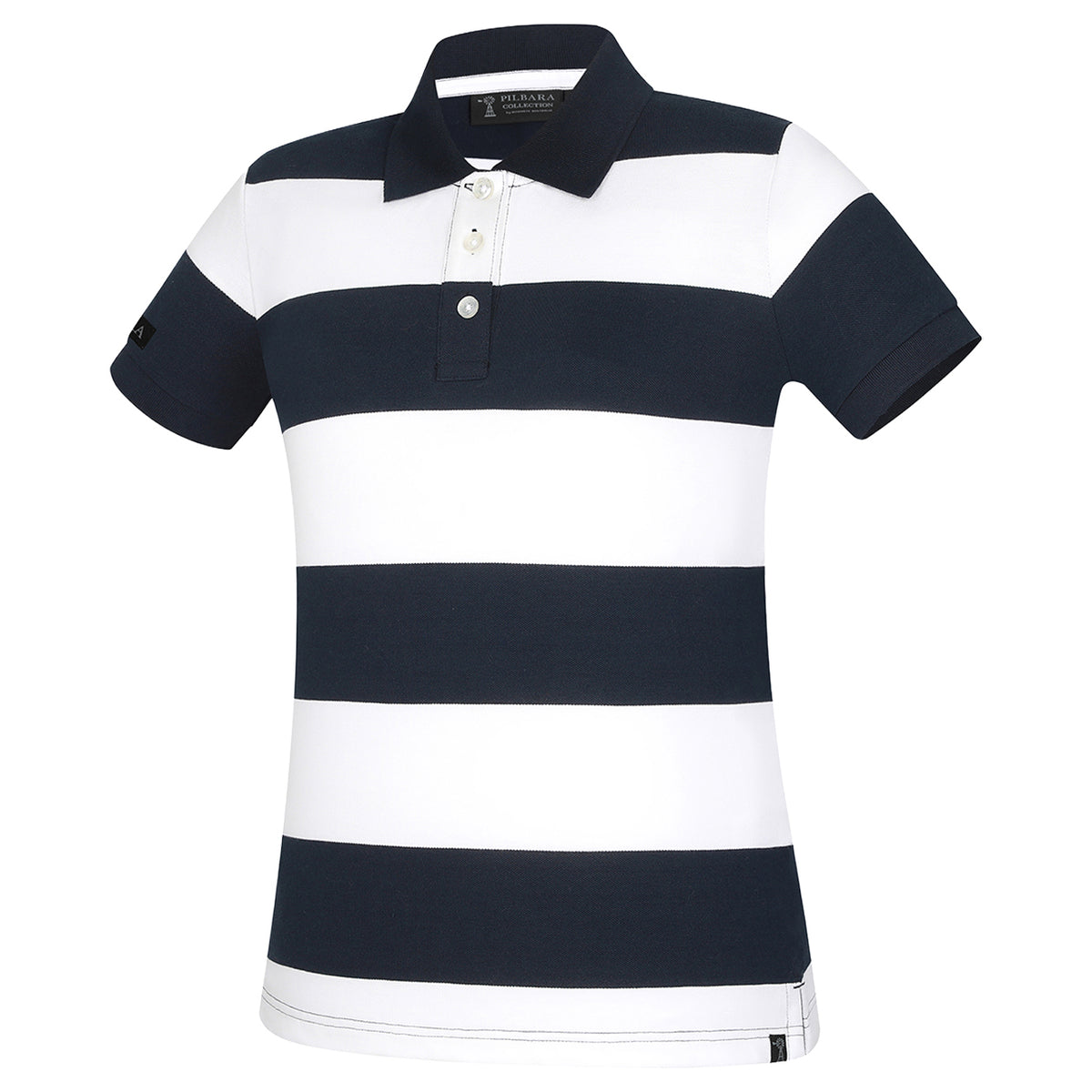 A ghost image of a French navy and white  striped Ritemate Women's Pilbara Sophia Classic Cotton Polo (RMPC122) on a white studio background.