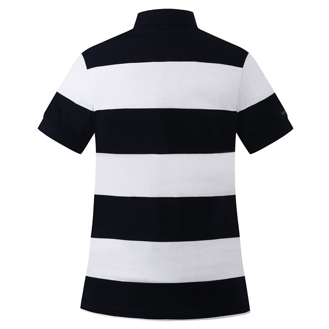 A back view of a ghost image of a French navy and white  striped Ritemate Women's Pilbara Sophia Classic Cotton Polo (RMPC122) on a white studio background.
