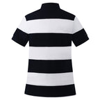 A back view of a ghost image of a French navy and white  striped Ritemate Women's Pilbara Sophia Classic Cotton Polo (RMPC122) on a white studio background.