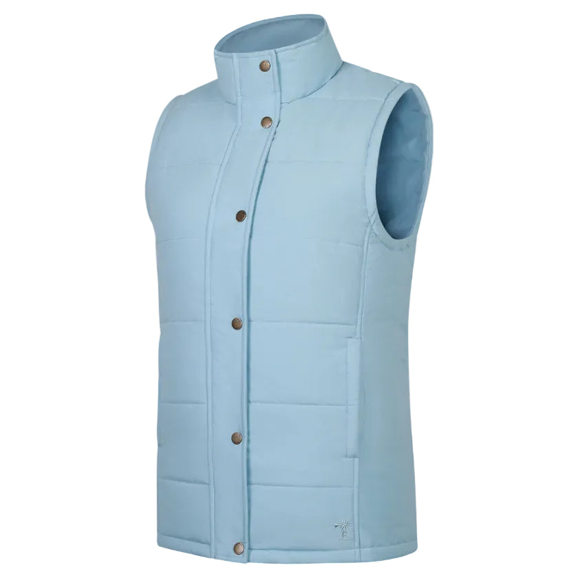 The Ritemate Womens Pilbara Vest (RMPC054) in Cerulean features a light blue, sleeveless quilted design with a high collar, front snap buttons, side pockets, and polyfill padding for warmth and comfort in cold weather.