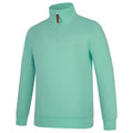 The Ritemate Womens Pilbara Zipped Closed Front Fleece Pullover (RMPC051) in Beach Glass is a mint green, classic-fit long-sleeve top with a high collar, quarter YKK zipper with brown pull tab, subtle side pockets, and soft cotton fleece.