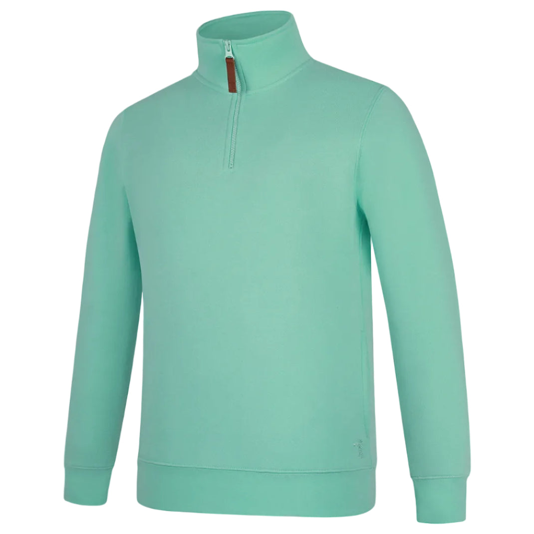 The Ritemate Womens Pilbara Zipped Closed Front Fleece Pullover (RMPC051) in Beach Glass is a mint green, classic-fit long-sleeve top with a high collar, quarter YKK zipper with brown pull tab, subtle side pockets, and soft cotton fleece.