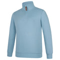 The Ritemate Womens Pilbara Zipped Closed Front Fleece Pullover (RMPC051) in cerulean features long sleeves, a high collar, quarter-zip YKK zipper with brown pull, ribbed cuffs and hem, and a classic fit with a clean design.