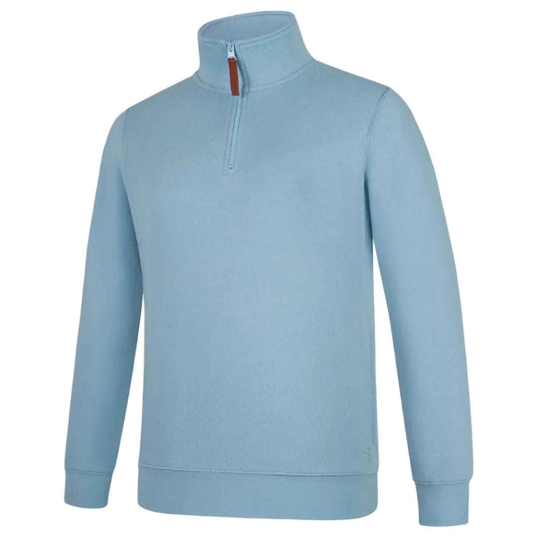 The Ritemate Womens Pilbara Zipped Closed Front Fleece Pullover (RMPC051) in cerulean features long sleeves, a high collar, quarter-zip YKK zipper with brown pull, ribbed cuffs and hem, and a classic fit with a clean design.