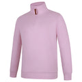 The Ritemate Womens Pilbara Zipped Closed Front Fleece Pullover (RMPC051) in Pirouette is a light pink, soft cotton fleece sweatshirt with a high collar, quarter-zip YKK zipper with brown pull tab, ribbed cuffs and hem, and a relaxed fit.