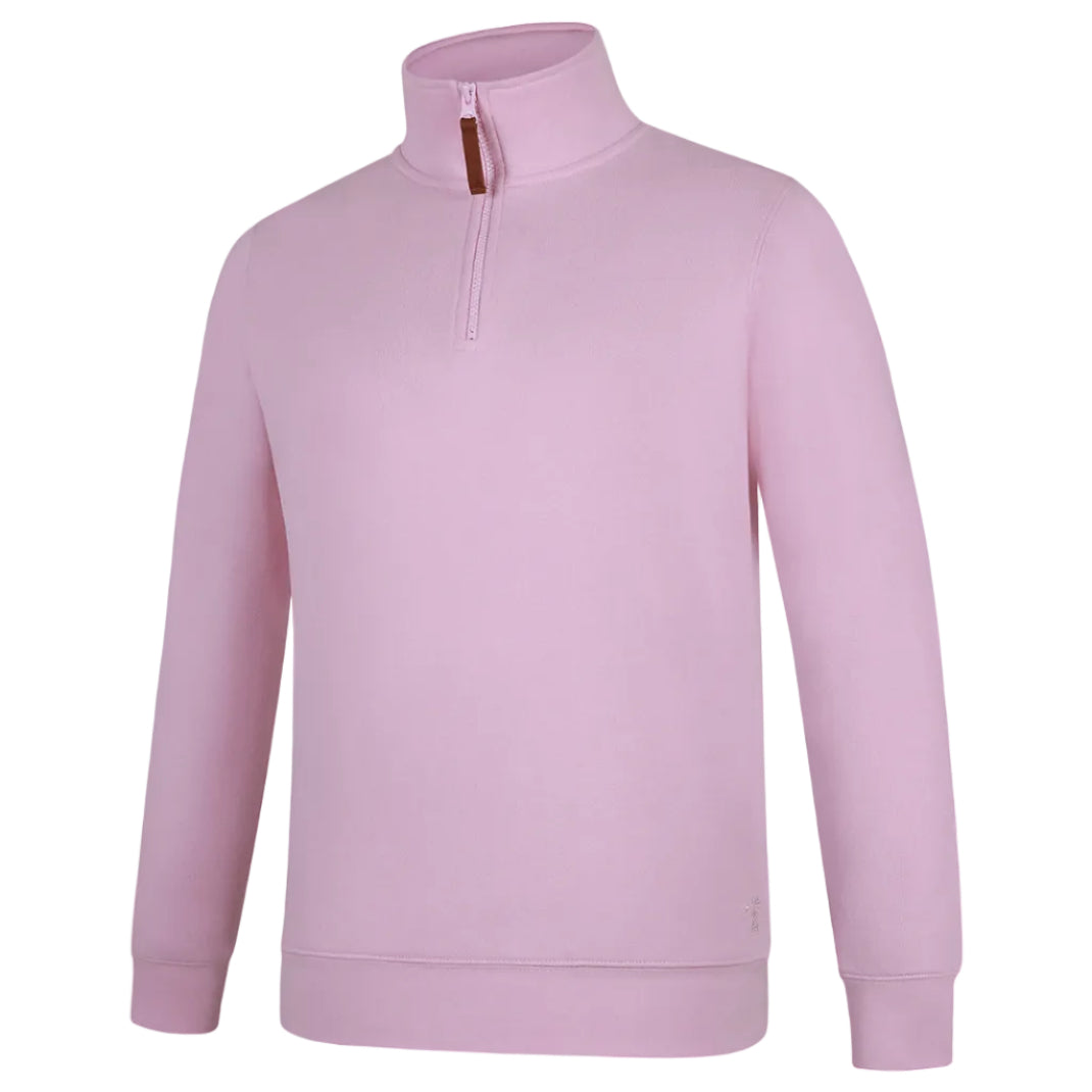 The Ritemate Womens Pilbara Zipped Closed Front Fleece Pullover (RMPC051) in Pirouette is a light pink, soft cotton fleece sweatshirt with a high collar, quarter-zip YKK zipper with brown pull tab, ribbed cuffs and hem, and a relaxed fit.