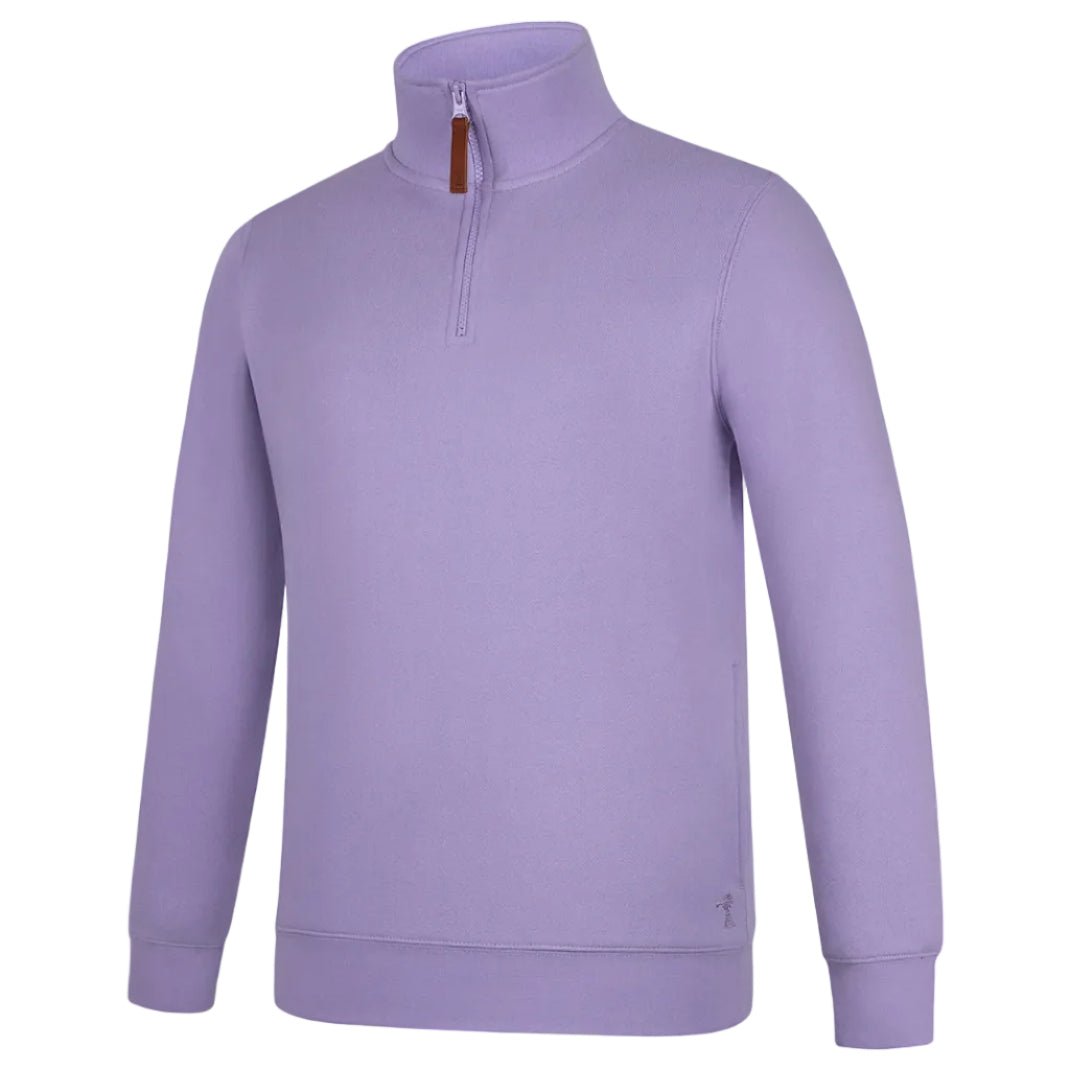 The Ritemate Womens Pilbara Zipped Closed Front Fleece Pullover (RMPC051) in Purple Rose features a classic fit, soft cotton fleece, high collar, and front half-zip with brown pull tab, shown on a plain white background.