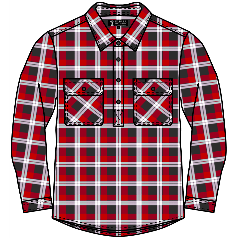 The Ritemate Mens Pilbara Closed Front L/S Flannelette Shirt (RM123FCF) in Red/Charcoal/White features two chest pockets, a collar, and durable fabric—perfect for work or casual wear.