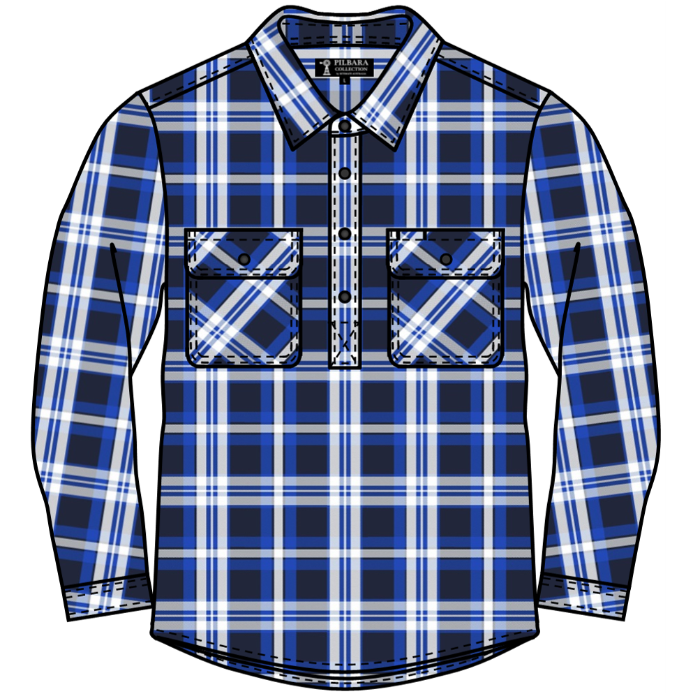 Ritemate Mens Pilbara Closed Front L/S Flannelette Shirt (RM123FCF) in Royal/Navy/White features a long-sleeve, button-up design with blue, black, and white plaid, two chest pockets, and UPF 50+ sun protection.
