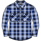 Ritemate Mens Pilbara Closed Front L/S Flannelette Shirt (RM123FCF) in Royal/Navy/White features a long-sleeve, button-up design with blue, black, and white plaid, two chest pockets, and UPF 50+ sun protection.