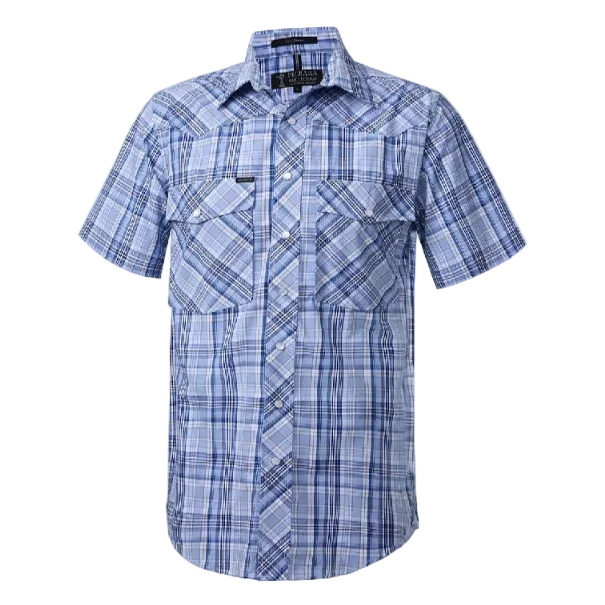 Ritemate Mens Pilbara Western Snap Button S/S Shirt (RMPW009S) Blue/Navy/White	