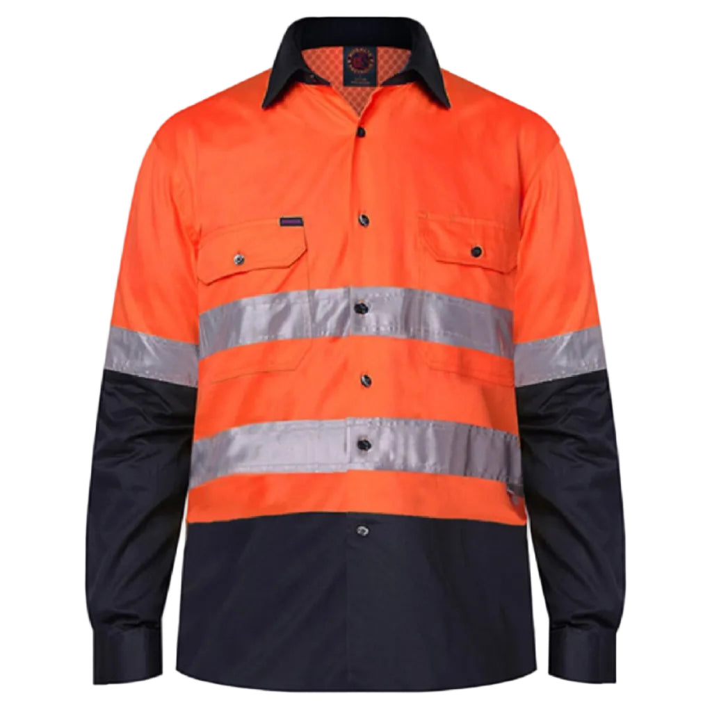 Ritemate Unisex Vented Open Front Lightweight L/S Work Shirt with Reflective Tape (RM107V2R) Orange/Navy