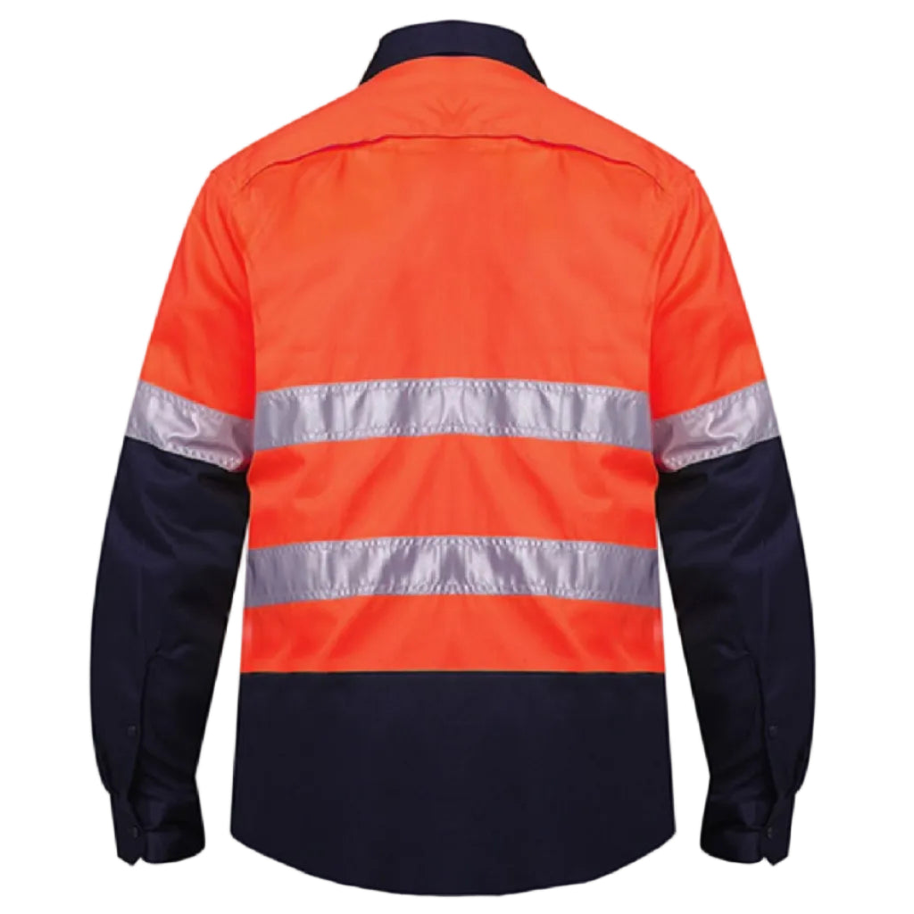 Ritemate Unisex Vented Open Front Lightweight L/S Work Shirt with Reflective Tape (RM107V2R) Orange/Navy
