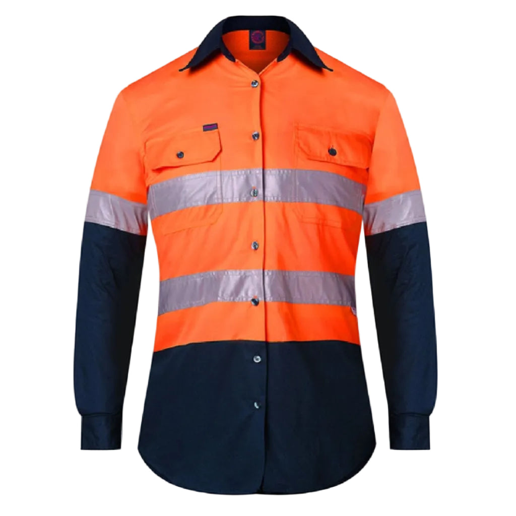 Ritemate Womens Two Tone Vented Closed Front L/S Work Shirt with Reflective Tape (RM208V2R) Orange/Navy