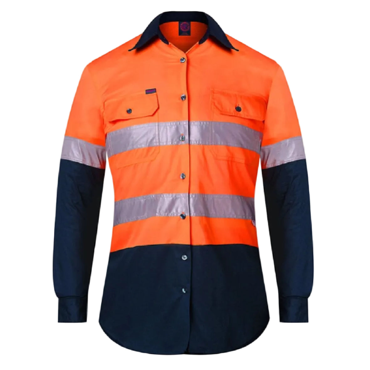 Ritemate Womens Two Tone Vented Closed Front L/S Work Shirt with Reflective Tape (RM208V2R) Orange/Navy