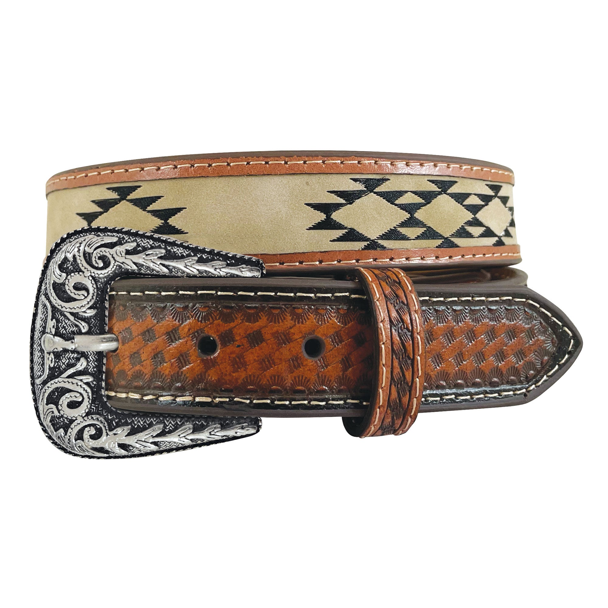 Roper Boys Genuine Leather Aztec Embroidered Inlay Basket Weave Belt (1785300) Brown
