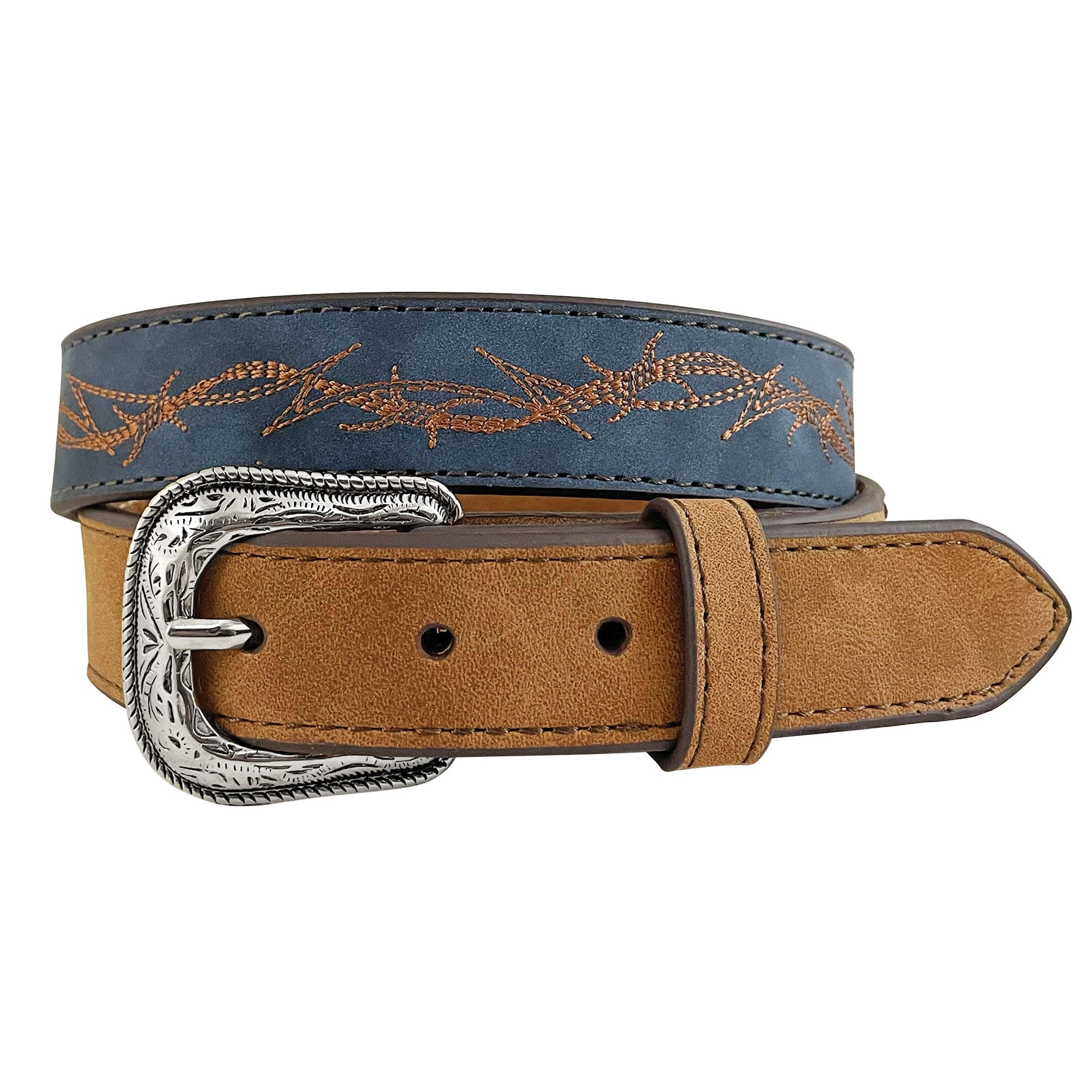 Roper Boys Genuine Leather Embroidered Barbed Wire Belt (1783300) Brown/Blue