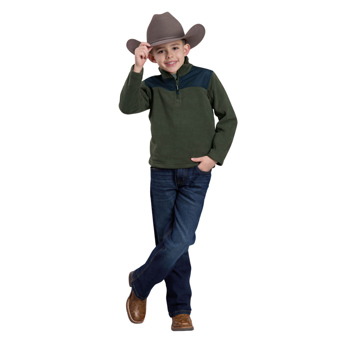 Full length image of boy wearing the Roper Boys Long Sleeved Pullover