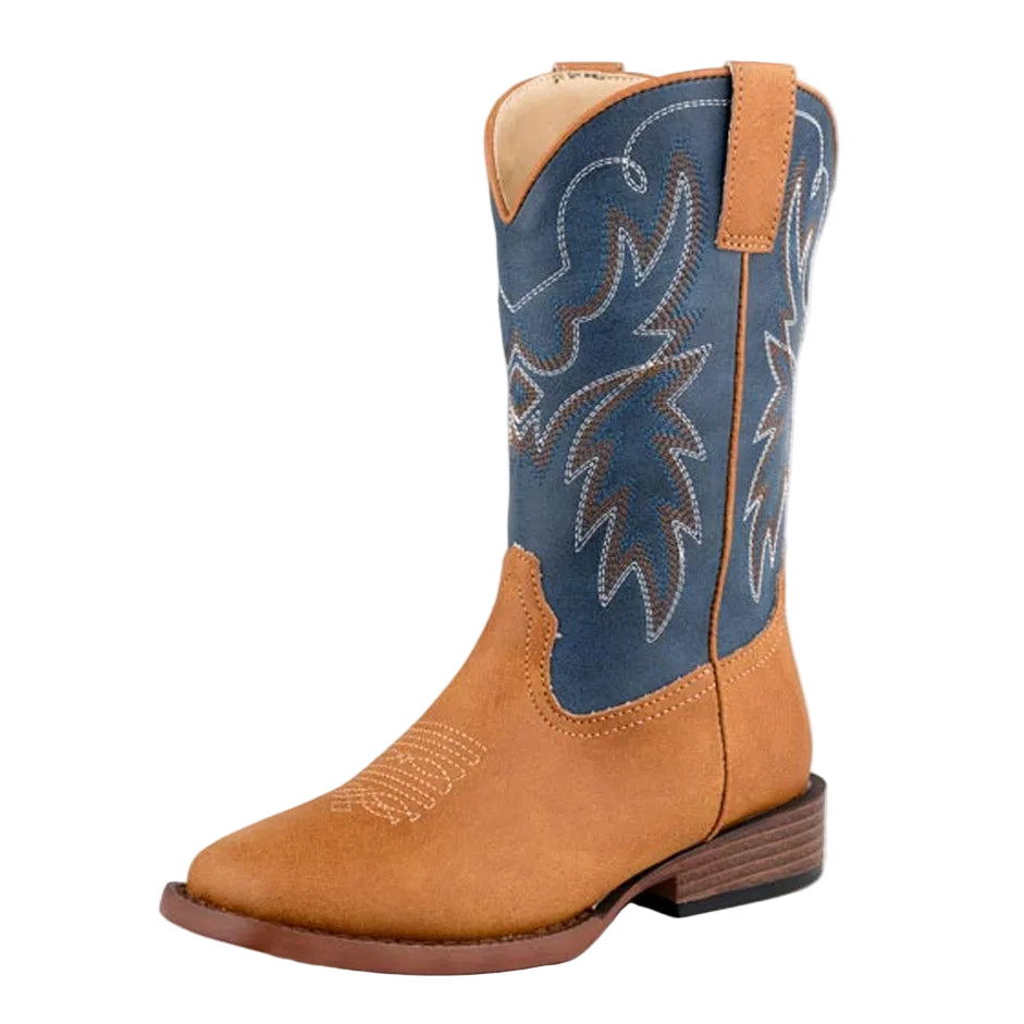 The Roper Childrens Heritage Western Boots (18900621) by Roper feature a tan faux leather foot, navy shaft with white stitching, pull strap, square toe, and low wooden heel.