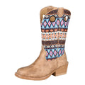 The Roper Childrens Wren Western Boots (18910773) in tan feature a textured faux leather finish, Aztec print in pink, blue, and black on the shaft, and pull straps with circular cutouts near the top. Brand: Roper.