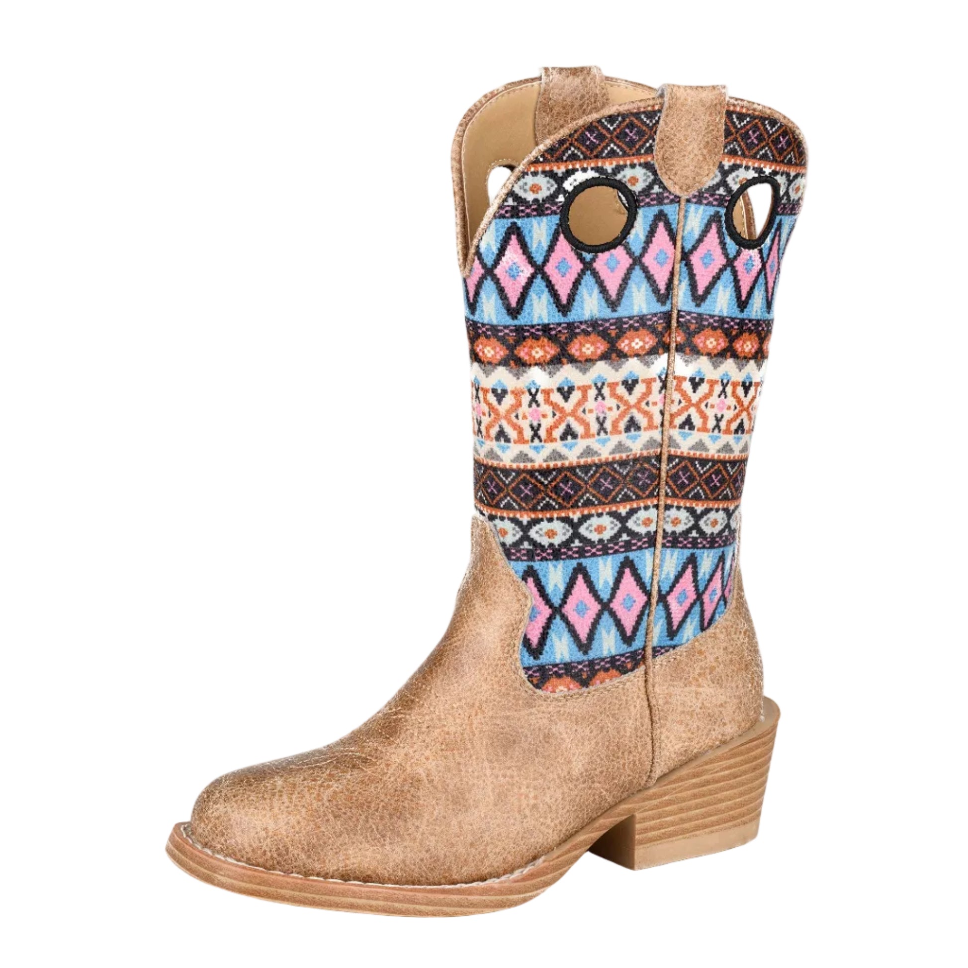 The Roper Childrens Wren Western Boots (18910773) in tan feature a textured faux leather finish, Aztec print in pink, blue, and black on the shaft, and pull straps with circular cutouts near the top. Brand: Roper.
