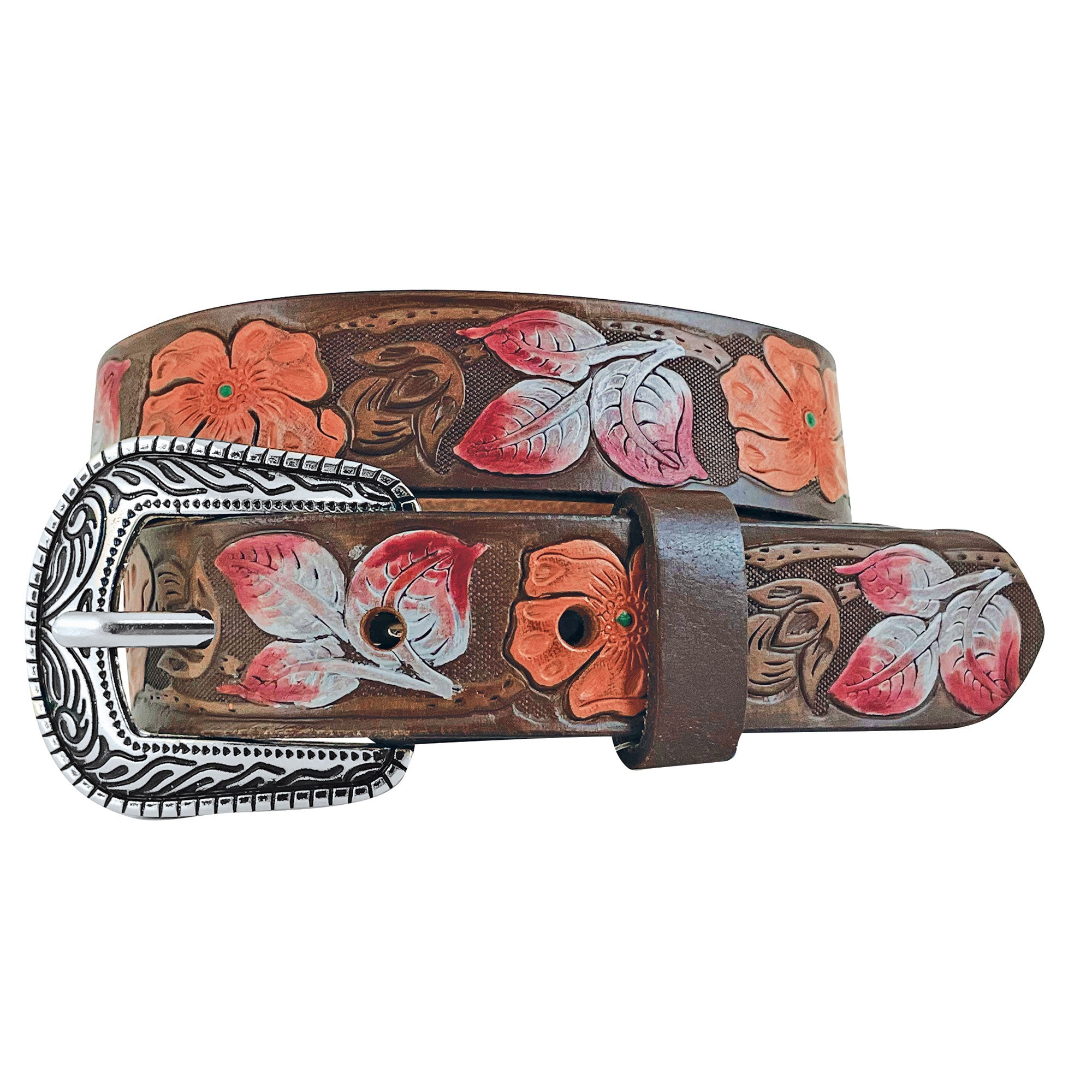 Roper Girls Genuine Buffalo Leather Hand Painted Floral Embossed Belt (9729300) Brown