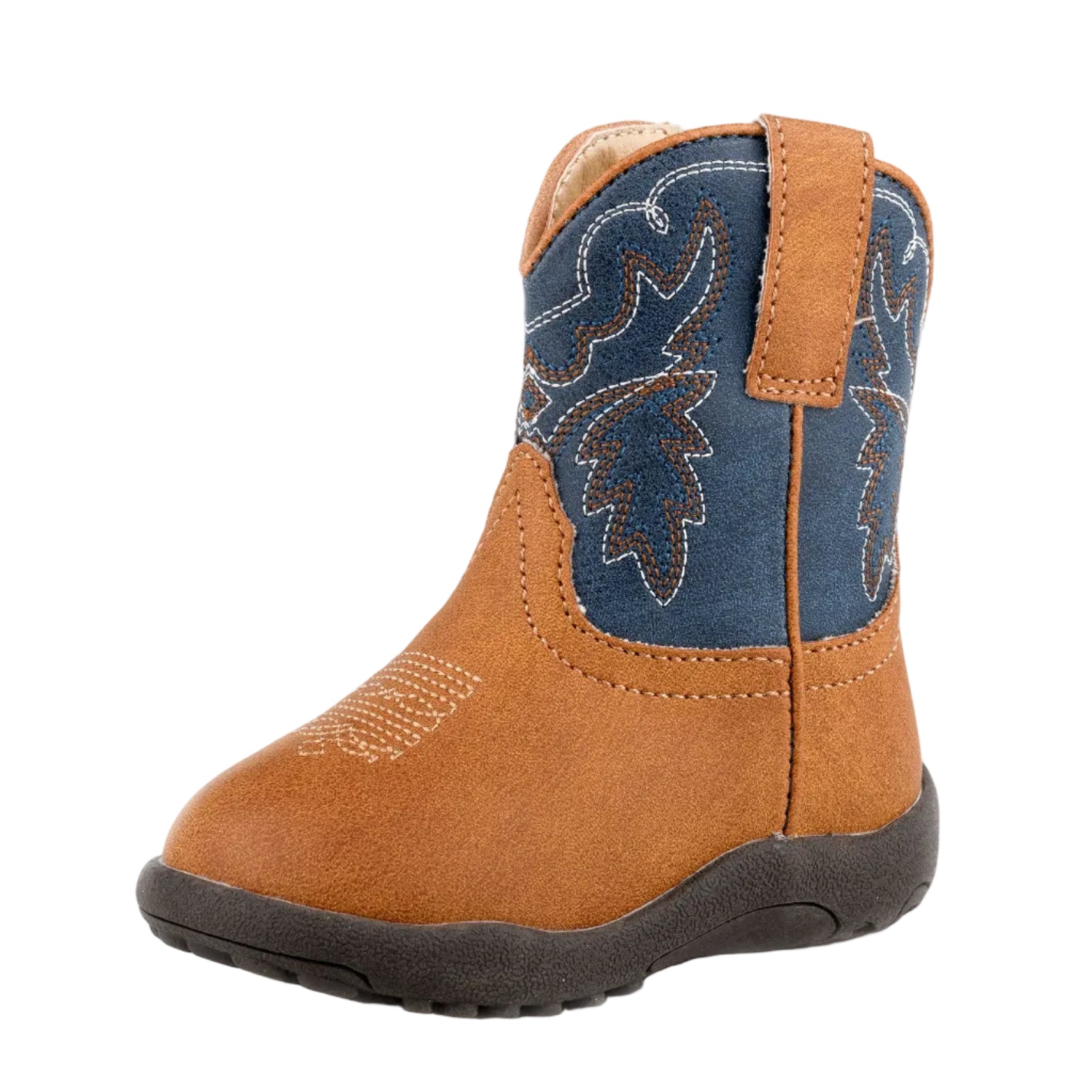 The Roper Infants Cowbaby Heritage Western Boots (16900621) by Roper feature a tan lower, navy shaft with stitching, wide square toe, black rubber sole, faux leather construction, and side pull tabs for easy on/off.