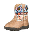 The Roper Infants Cowbaby Wren Western Boot (16910773) Tan features a brown textured base, black sole, and vibrant pink, blue, white, and orange geometric patterns on the upper, capturing playful Aztec western style. Photographed on a white background.