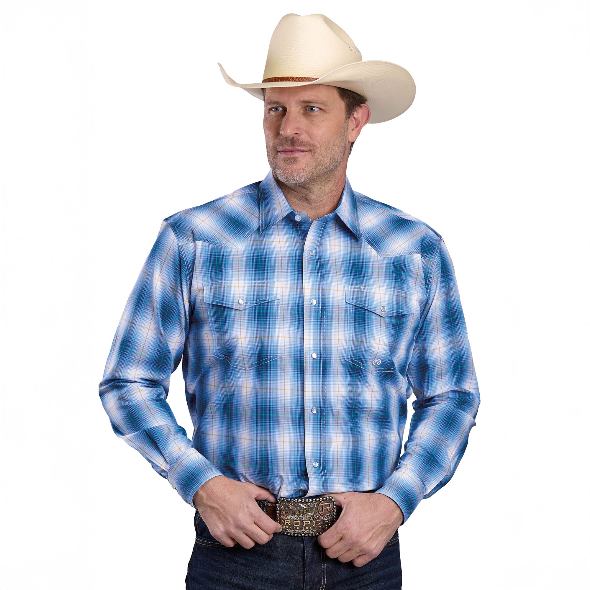 A man in a white cowboy hat, blue jeans, decorative belt buckle, and a Roper Mens Amarillo Collection L/S Shirt (01278022) Plaid Blue stands against a plain white background.