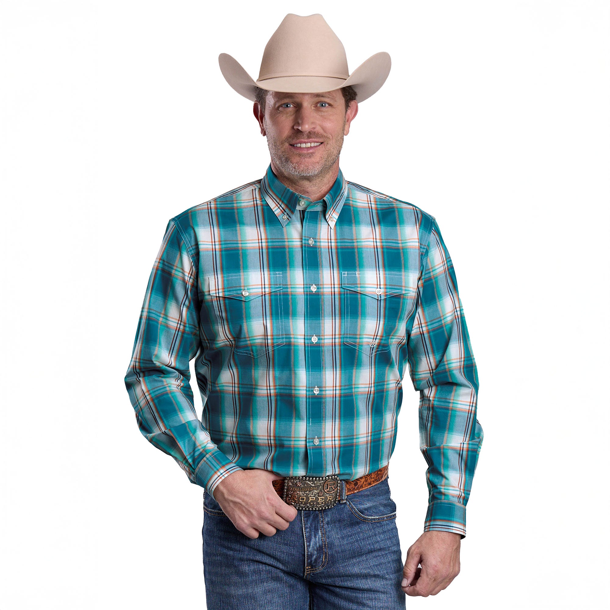 Roper Mens Amarillo Collection L/S Shirt (01378021) Plaid Blue