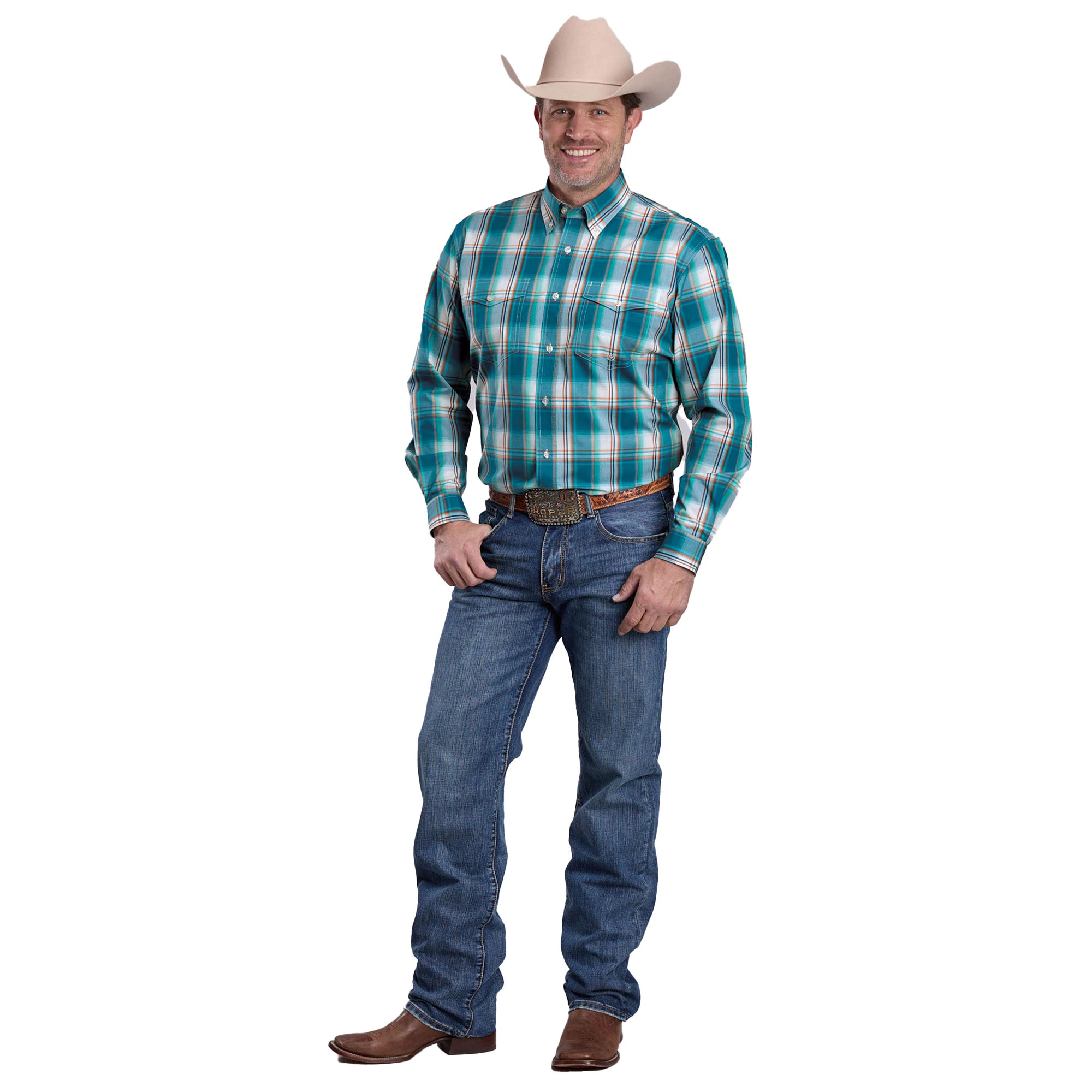 Roper Mens Amarillo Collection L/S Shirt (01378021) Plaid Blue