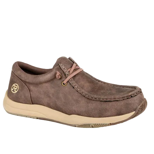 The Roper Mens Clearcut Low Shoes (20663786) in tan by Roper feature a casual slip-on design with visible stitching, minimal lace detail, vintage tumbled faux leather, a comfort insole, light tan sole, and round logo on the heel.