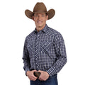 A smiling man in a Roper Mens Karman Classic 55/45 Collection L/S Shirt (01101222) Plaid Blue, blue jeans, a brown cowboy hat, and a large belt buckle stands against a white background.