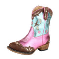 The Roper Toddlers Birdie Western Boots (17566646) in Pink/Teal/Tan feature star and flower embroidery, a brown toe and heel, metallic finish, and a low wooden heel—perfect western boots for your little one.