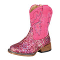 The Roper Toddlers Glitter Aztec II Western Boots (17903774) in Fuschia Glitter/Fuschia feature sparkly sequins, decorative stitching, a square toe, and a wooden heel and are shown at a slight angle on a white background.