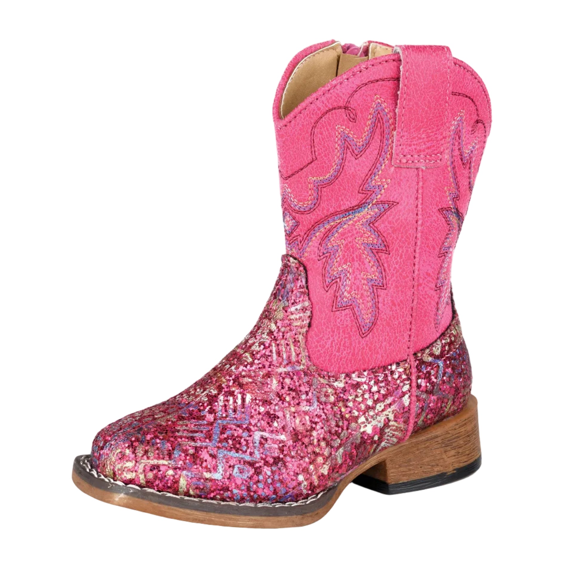 The Roper Toddlers Glitter Aztec II Western Boots (17903774) in Fuschia Glitter/Fuschia feature sparkly sequins, decorative stitching, a square toe, and a wooden heel and are shown at a slight angle on a white background.