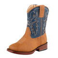The Roper Toddlers Heritage Western Boots (17900621) in Tan/Navy feature a tan lower, blue upper with western stitching, wide square toe, brown wooden heel, padded insole for comfort, and side pull strap.