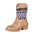 The Roper Toddlers Wren Western Boots (17910773) in tan feature a textured faux leather foot, a vibrant Aztec-patterned shaft in blue, pink, white, and black, plus round side pull straps.