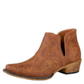 The Roper Womens Ava Dress Boots (21191700) Tan feature a brown faux leather design with western stitching, low stacked heel, padded insole, and side cutouts. Shown on a white background. Brand: Roper.