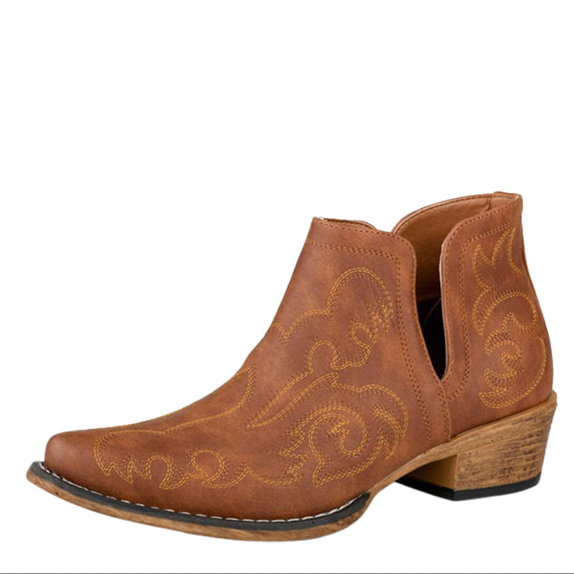 The Roper Womens Ava Dress Boots (21191700) Tan feature a brown faux leather design with western stitching, low stacked heel, padded insole, and side cutouts. Shown on a white background. Brand: Roper.
