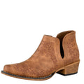 The Roper Womens Ava Western Boots (21567686) in Scroll Tan feature a snip toe, low heel, side cutouts, and decorative stitched patterns on the upper for a distinctive embroidered cowgirl vibe.