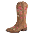 The Roper Womens Bailey Bouquet Western Boots (21903829) in Tan/Pink Floral feature colorful floral embroidery, a low heel, rounded toe, and pull straps for easy wear.