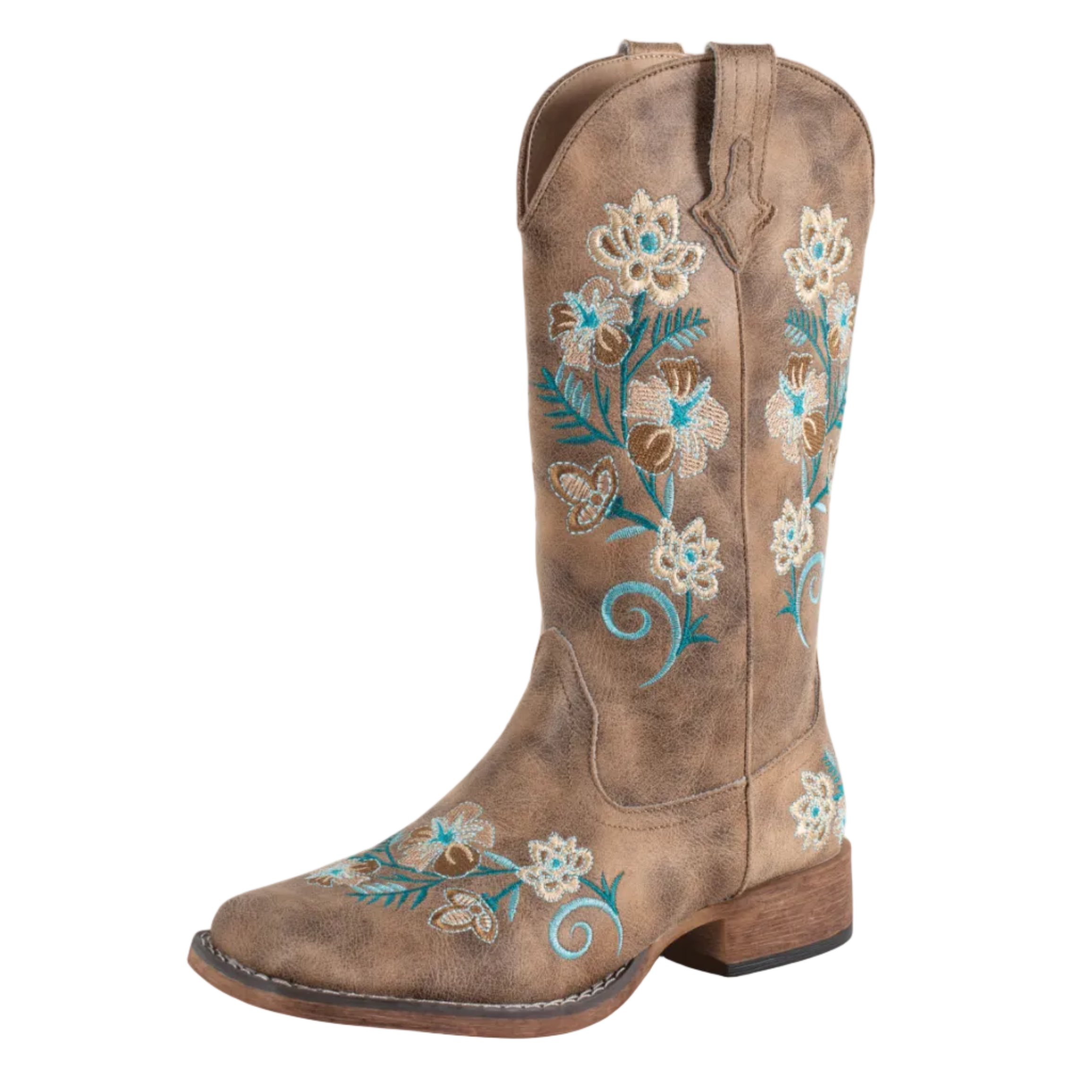 The Roper Womens Bailey Bouquet Western Boots (21903872) in brown feature blue and white floral embroidery on the shaft and foot, a low wooden heel, and are shown against a white background.
